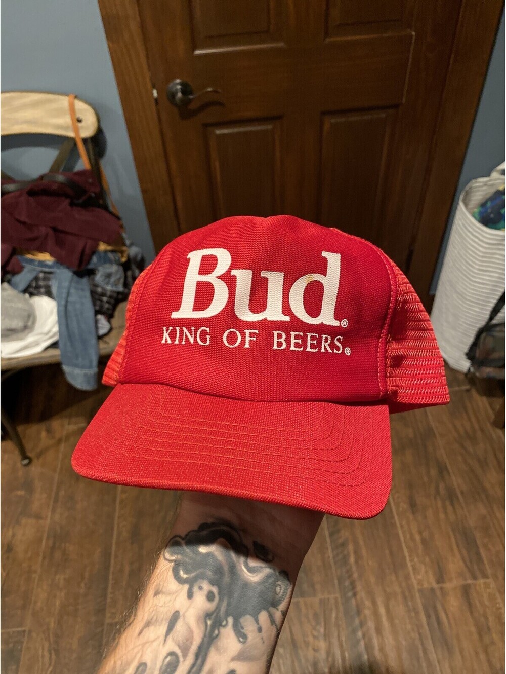 BUDWEISER Vintage 1980s TRUCKER hat, SNAPBACK, all mesh, RED, Made in USA